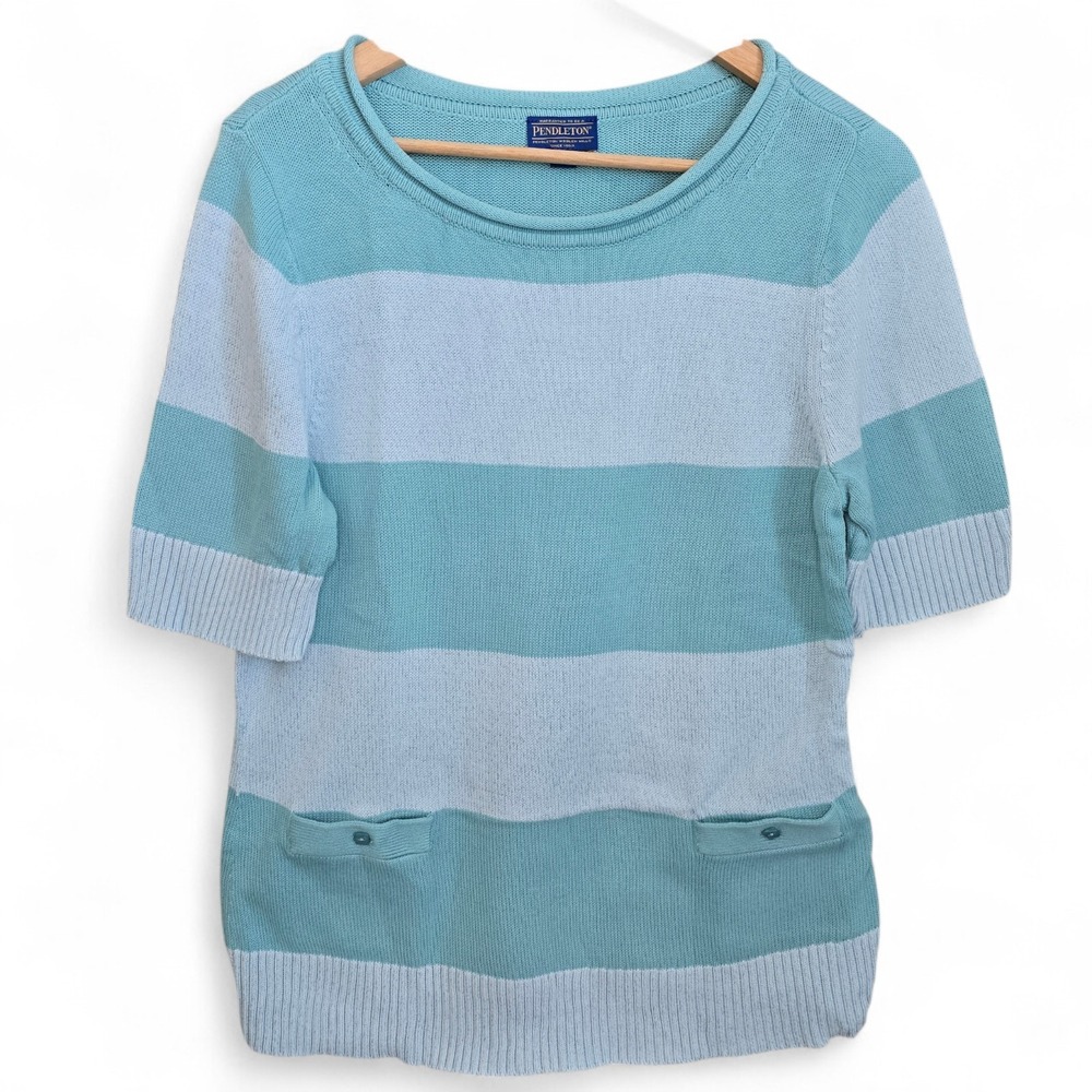 Pendleton Sweater Womens Large Teal Striped Knit Short Sleeve Cotton Blend